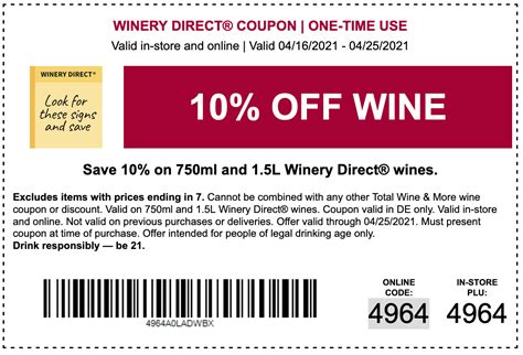 Enjoy 15% Off Your Order. Terms & Conditions. 05-31-23. Get Code. NE15. Home > Coupons > Food & Beverage > Wines > Total Wine & More Coupons. Check out with 62 up-to-date Total Wine & More promotions at Extrabux.com. Discover 30% Off discounts Total Wine & More promo codes & deals this December 2023.